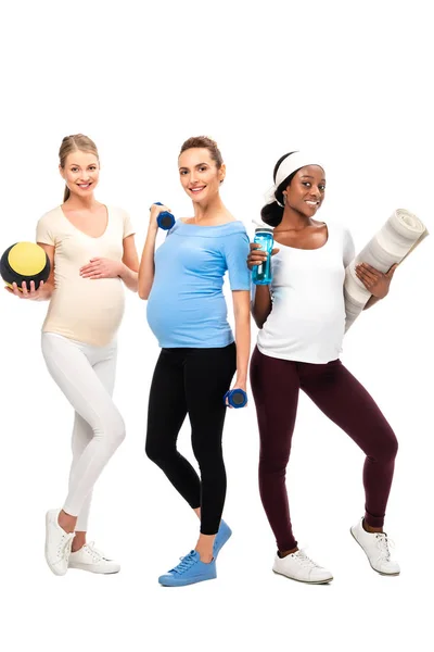Három Mosolyogva Terhes Nők Támogatja Egészséges Életmód Súlyzó Elszigetelt Fehér — ingyenes stock fotók