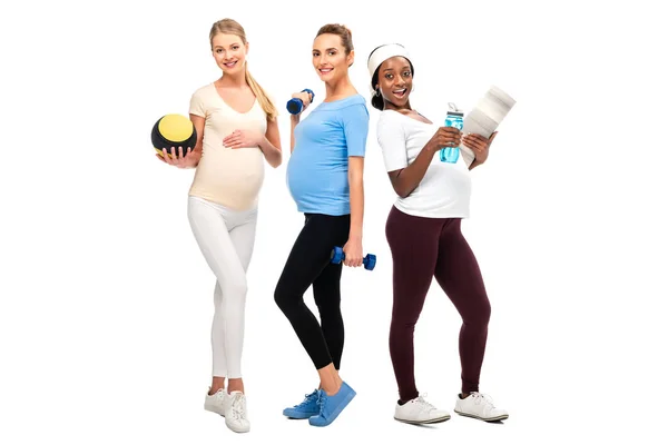Full Length Pregnant Women Support Healthy Lifestyle Dumbbells Ball Isolated — Stock Photo, Image