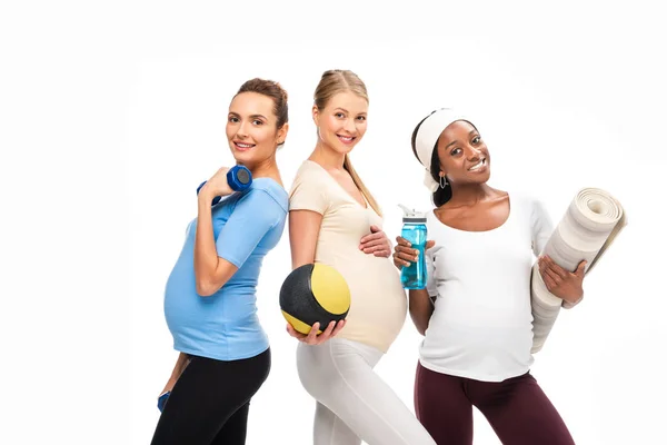 Wieloetnicznym Kobiet Ciąży Wspieranie Zdrowego Stylu Życia Białym Tle — Zdjęcie stockowe