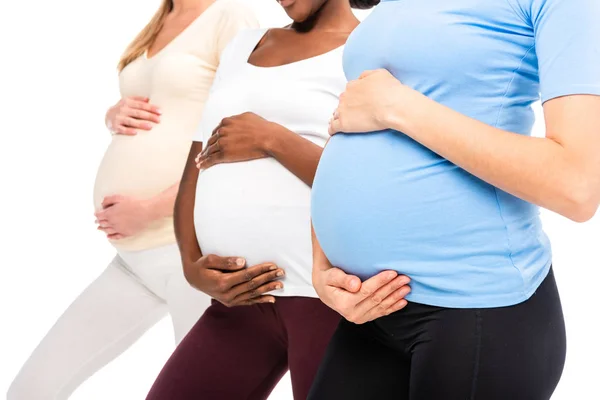 裁剪的看法 三个孕妇牵手在腹部孤立的白色 — 图库照片