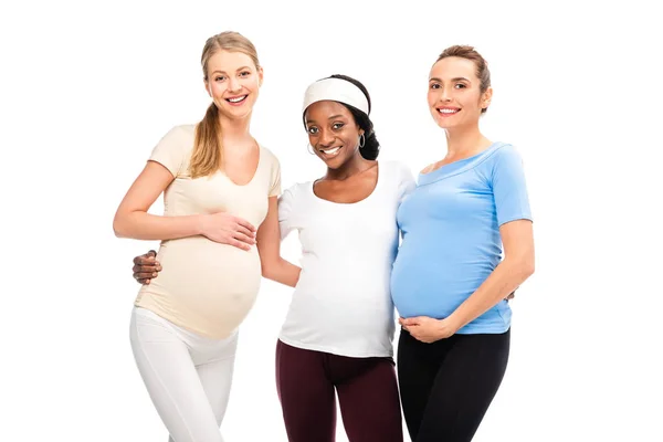 Three Pregnant Women Standing Hugging Isolated White — Stock Photo, Image