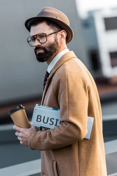 Handsome Bearded Man Business Newspaper Coffee — Stock Photo, Image