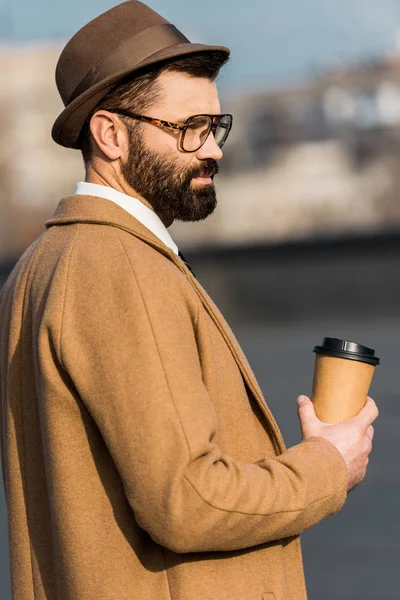 Adult Handsome Businessman Hat Holding Coffee — Stock Photo, Image