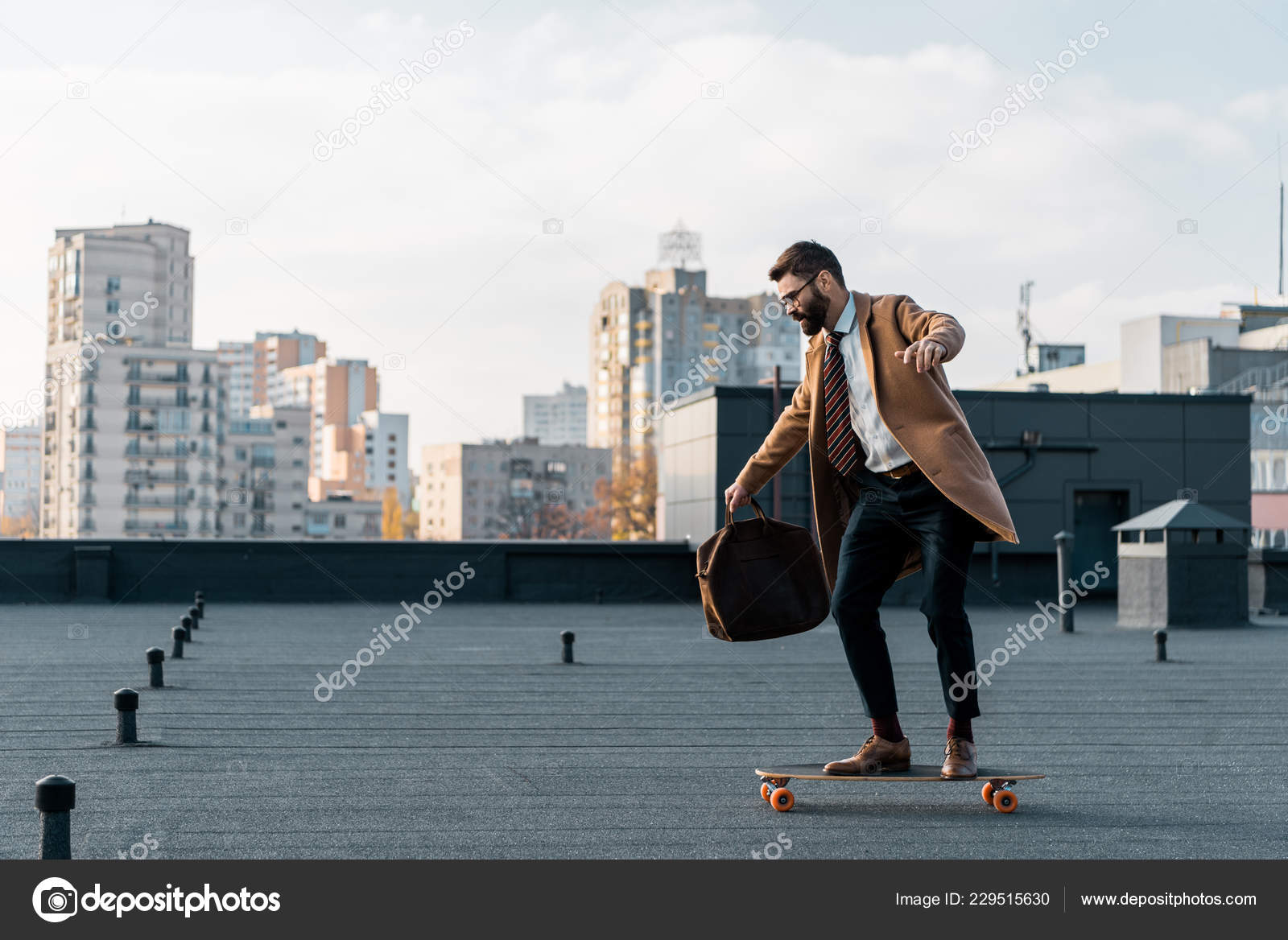 Side View Businessman Riding Penny Board Bag Hand Stock Photo by  ©AllaSerebrina 229515630