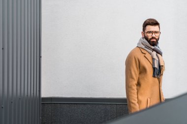Paltonu ve kaşkolünü ayakta emin iş adamı 