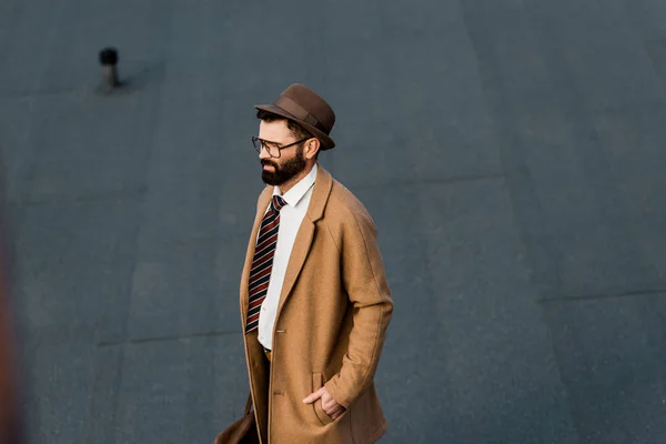 Selbstbewusster Geschäftsmann Mit Brille Und Hut Und Hand Tasche — kostenloses Stockfoto