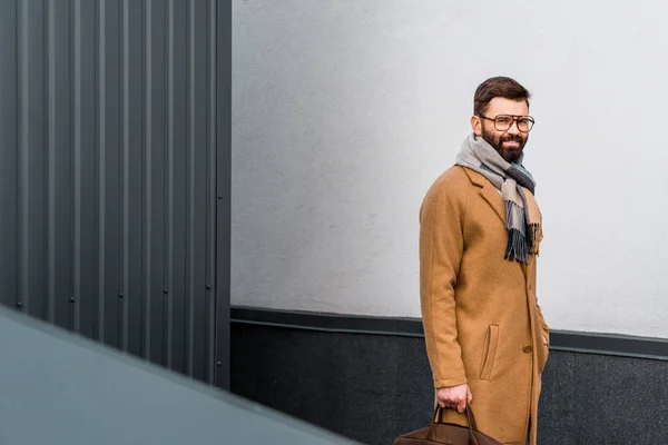 Handsome Businessman Smiling Holding Bag — Free Stock Photo