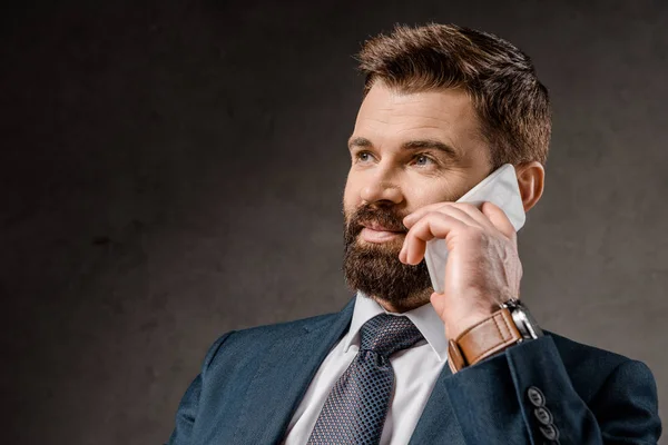 Close Bearded Businessman Talking Smartphone — Stock Photo, Image