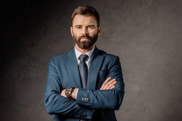 Handsome Bearded Businessman Standing Crossed Arms — Stock Photo, Image