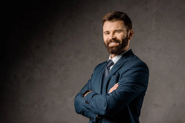Smiling Bearded Businessman Standing Crossed Arms — Stock Photo, Image