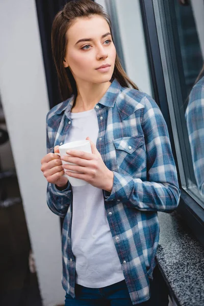Beautiful Pensive Young Woman Holding Cup Looking Window — Stock Photo, Image