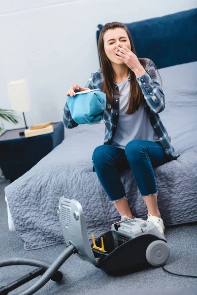 Woman Allergy Holding Container Vacuum Cleaner Dust Sneezing Bedroom — Stock Photo, Image