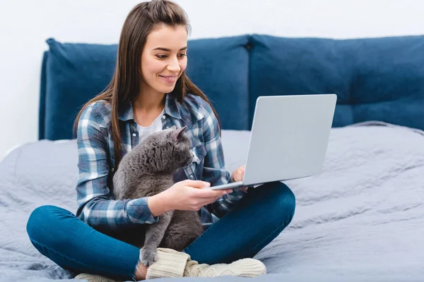 Mosolygó Fiatal Használ Laptop Ülve Ágyban Együtt Aranyos Brit Rövidszőrű — Stock Fotó