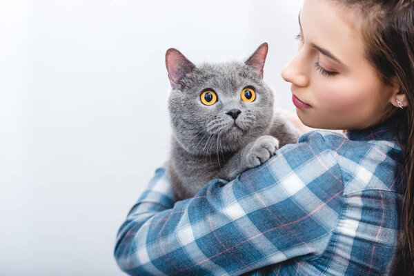 young woman holding beautiful grey british shorthair cat