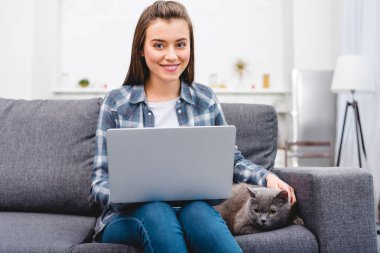 dizüstü bilgisayar kullanarak ve kedi evde okşayarak güzel gülümseyen genç kadın