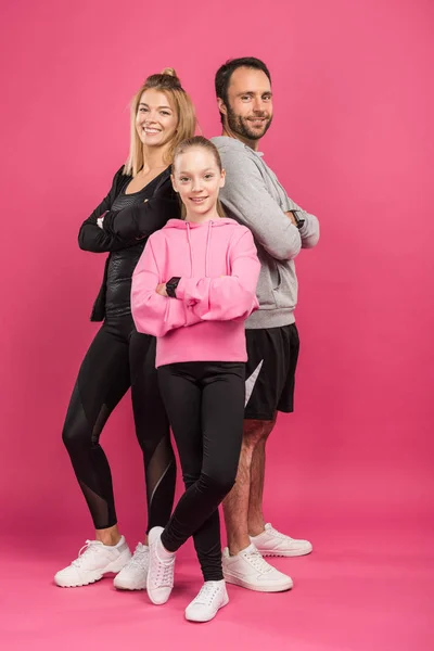 Beautiful Athletic Family Sportswear Posing Crossed Arms Isolated Pink — Stock Photo, Image