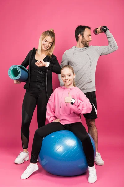 Athletic Family Posing Fit Ball Fitness Mat Dumbbell While Kid — Stock Photo, Image