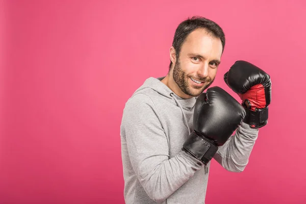 Smiling Male Boxer Training Box Gloves Isolated Pink — Free Stock Photo