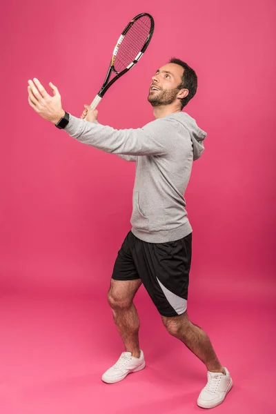 Handsome Tennis Player Racket Isolated Pink — Free Stock Photo