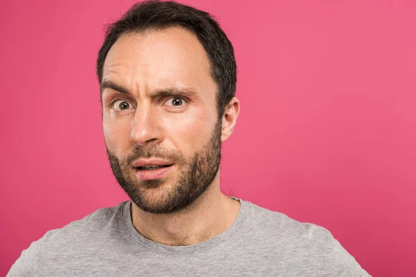 Portrait Confused Man Looking Camera Isolated Pink — Stock Photo, Image