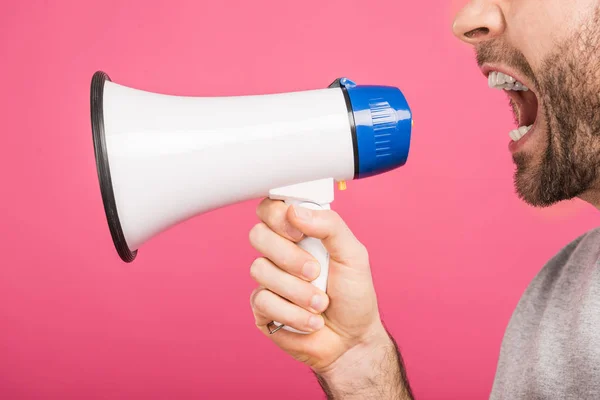 Cropped View Angry Man Screaming Megaphone Isolated Pink — Stock Photo, Image