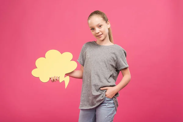 Adorable Youngster Holding Yellow Thought Bubble Isolated Pink — Free Stock Photo