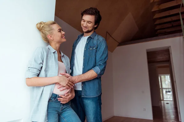 Handsome Man Keeping Hand Belly Happy Pregnant Wife — Stock Photo, Image