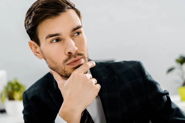 Portrait Thoughtful Businessman Suit Looking Away Office — Stock Photo, Image