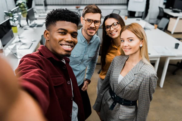 Camera Point View Smiling Multicultural Colleagues Taking Selfie Together Office — Stock Photo, Image