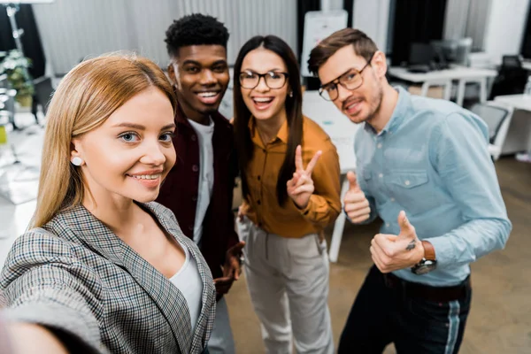 Camera Point View Smiling Multicultural Colleagues Taking Selfie Together Office — Stock Photo, Image