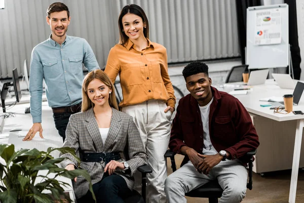 Young Smiling Multiracial Business Colleagues Looking Camera Office — Stock Photo, Image
