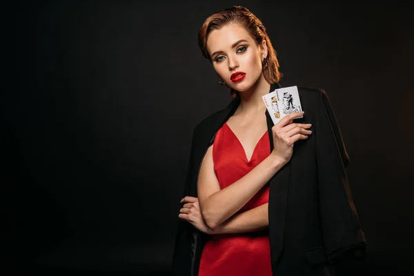 Beautiful Girl Red Dress Black Jacket Holding Playing Cards Looking — Stock Photo, Image