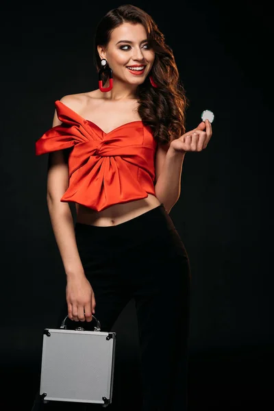 Happy Beautiful Brown Haired Girl Red Corset Holding Money Box — Stock Photo, Image