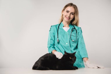 gri arka plan üzerinde siyah kedi yakın duran gülümseyen kadın veteriner