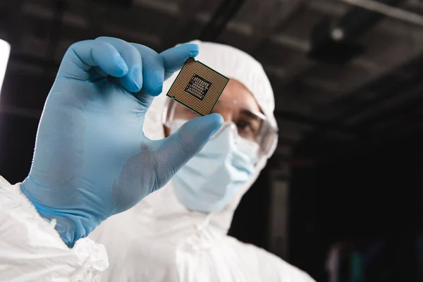 Selective Focus Microprocessor Hand Scientist Wearing Latex Glove — Stock Photo, Image