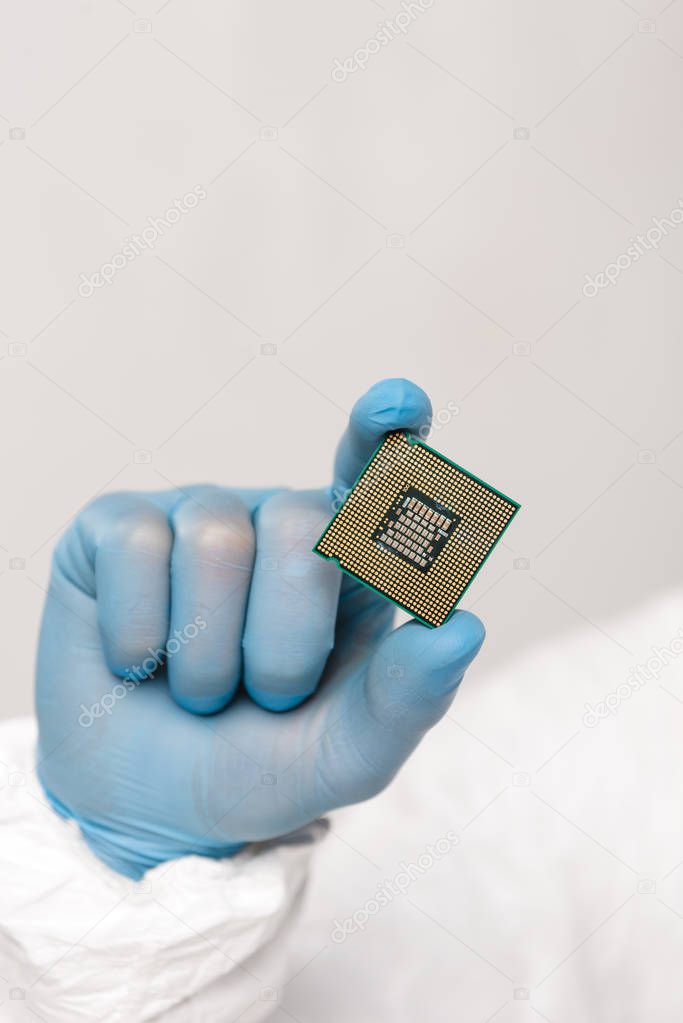 cropped view of microchip in hand of scientist isolated on grey 