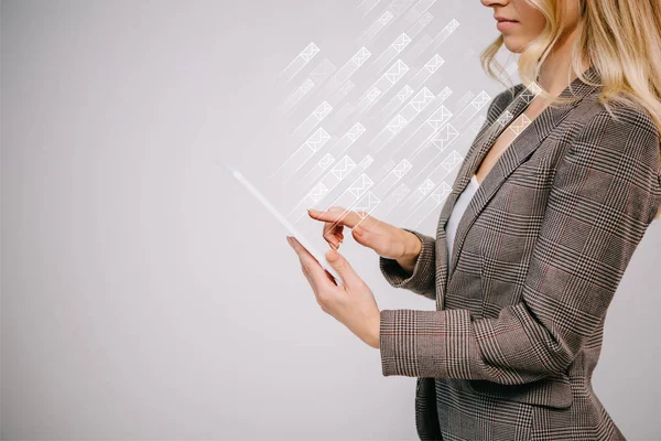 Cropped View Businesswoman Suit Touching Digital Tablet Sending Mails Icons — Stock Photo, Image