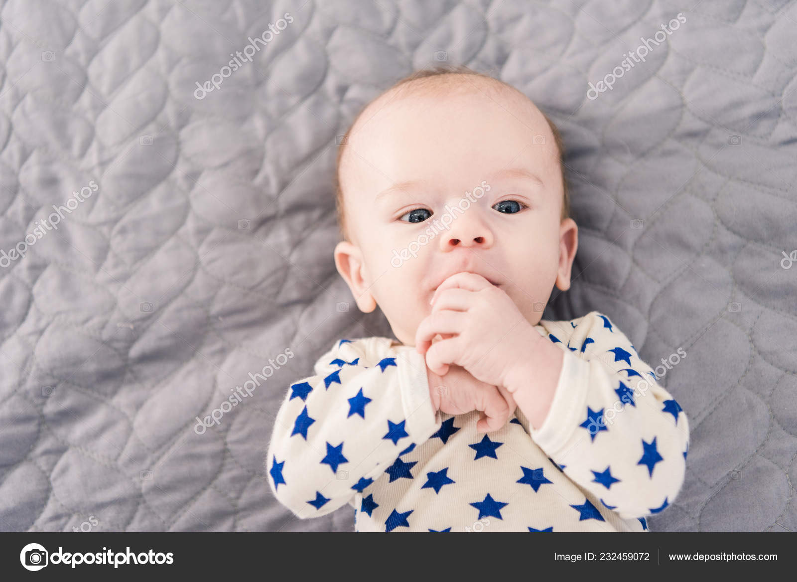 Overhead View Adorable Little Baby Lying Grey Blanket Stock Photo by