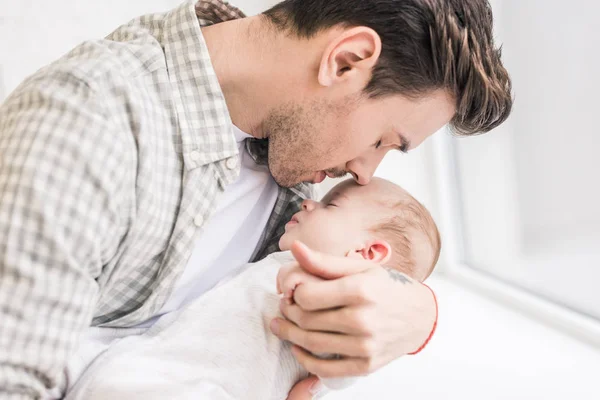 Portrait Young Man Holding Adorable Sleeping Baby Hands — Stock Photo, Image