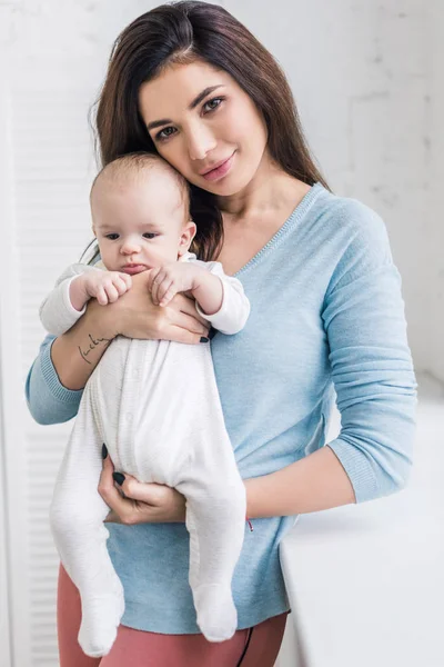 Portrait Beautiful Young Mother Holding Little Son Hands Home — Stock Photo, Image