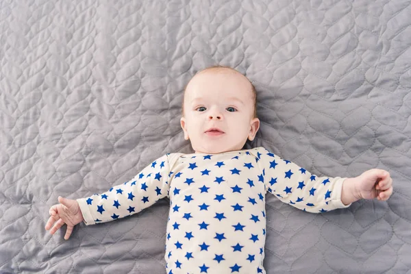 Overhead View Adorable Little Baby Lying Grey Blanket — Stock Photo, Image