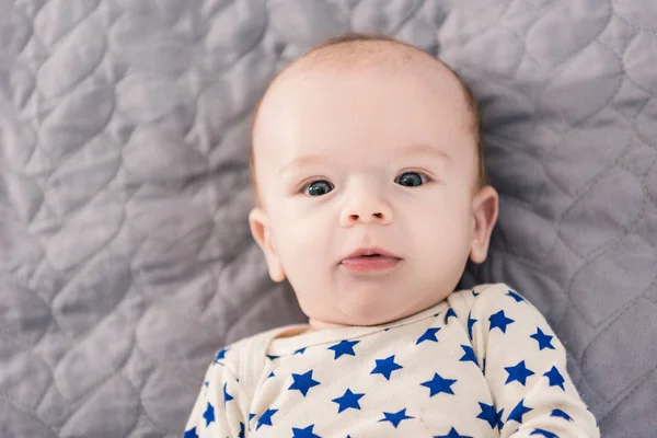 Overhead View Adorable Little Baby Lying Grey Blanket — Stock Photo, Image