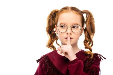 adorable kid in glasses showing silent gesture isolated on white clipart