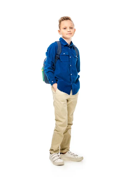 Cute Schoolboy Blue Shirt Standing Hands Pockets Isolated White — Stock Photo, Image