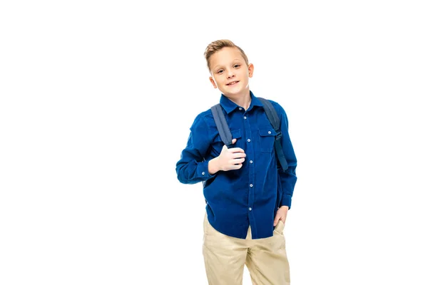 Schoolboy Blue Shirt Hand Pocket Holding Backpack Straps Isolated White — Stock Photo, Image