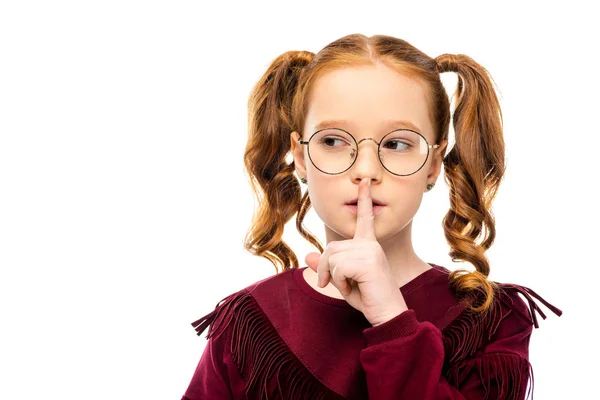 Bedårande Kid Glasögon Visar Tyst Gest Isolerad Vit — Stockfoto