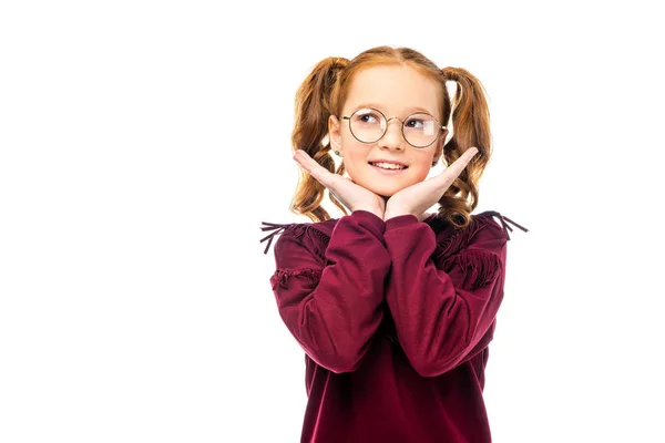 Niño Adorable Gafas Con Las Manos Cerca Cara Aislada Blanco — Foto de Stock