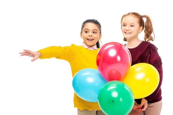 Cheerful Schoolgirls Holding Colorful Balloons Isolated White — Stock Photo, Image