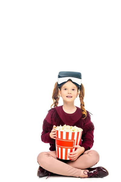 Child Virtual Reality Headset Head Holding Striped Popcorn Bucket Isolated — Stock Photo, Image