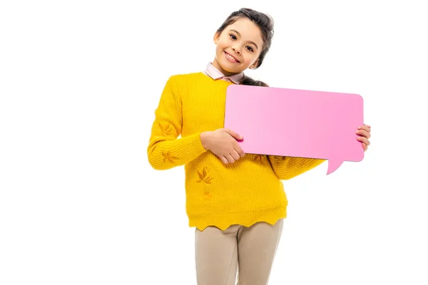 Cheerful Schoolgirl Holding Pink Speech Bubble Looking Camera Isolated White — Stock Photo, Image